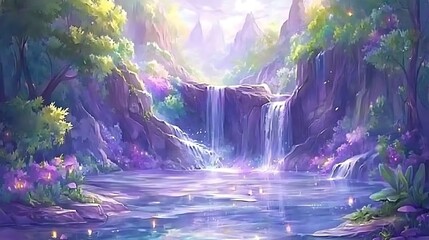 Enchanting Waterfall Landscape with Vibrant Flora and Serene Water Reflections capturing the