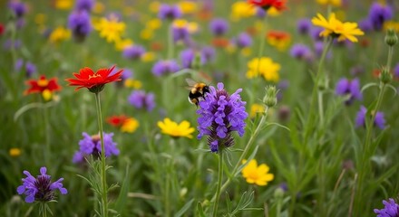 Obraz premium Bee Pollinating Purple Wildflower in Colorful Meadow