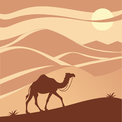 Camel Caravan Silhouette in Desert at Night with Full Moon