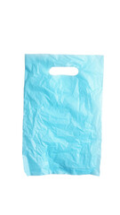 Crumpled sky blue plastic groceries bag with a handle hole mock up isolated on transparent background