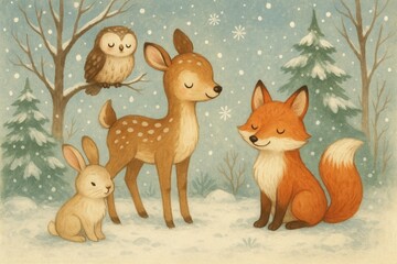 Naklejka premium Whimsical Winter Wildlife, Fox, Deer, Snow, Winter, Animals, Holiday, Snow, Wildlife, Bunny
