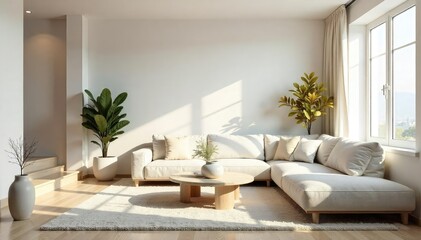 Serene minimalist living room featuring a neutral color palette, simple furniture, and natural light streaming through large windows, creating a calm and peaceful atmosphere , window, nordic