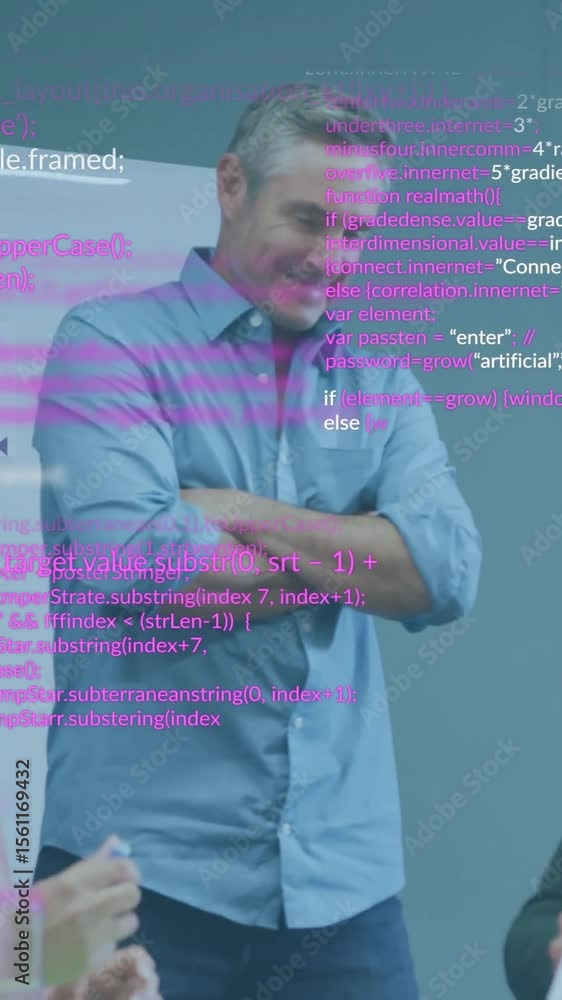 Poster animation of data processing over diverse colleagues discussing work in office