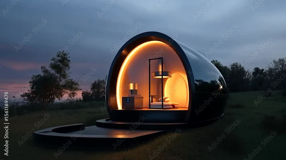 Poster modern spherical structure interior with warm lighting displays inside on a grassy hill at dusk. sil