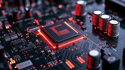Close-up view of a circuit board with glowing red lights and a central processor chip emphasizing technology and data processing - Powered by Adobe