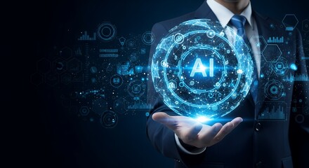 AI. Businessman holding artificial intelligence solutions to automate processes. Leveraging AI to enhance decision-making and drive innovation across industries