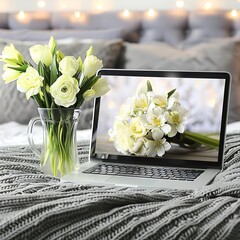 Floral still life featuring delicate white blooms displayed alongside a modern laptop scene