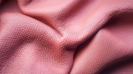 High-resolution close-up of soft, pink leather with a fine grain texture. The folds and lighting add depth and luxury. Suitable for fashion, upholstery, or material sample libraries.