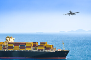 Aerial view of the freight shipping transport system cargo ship container. international...