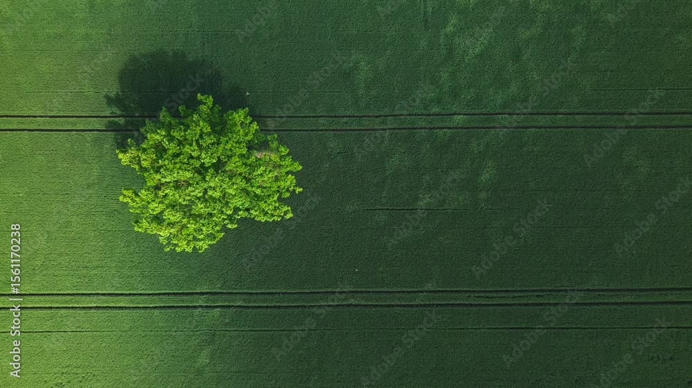 Poster top-down aerial drone view of a single tree casting a shadow in a green grain field with tractor lin