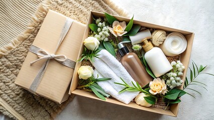Luxurious spa gift box with beauty products flowers and soft towel