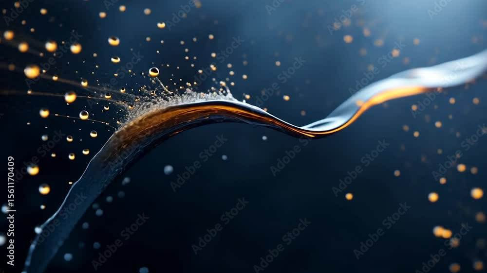 Poster close-up abstract video of a swirling metallic ribbon with golden particles emanating against a dark