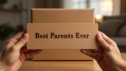 Hands hold wooden plaque with best parents ever inscription in front of gift box