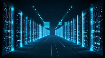 Futuristic data center with rows of illuminated servers showcasing powerful computing infrastructure
