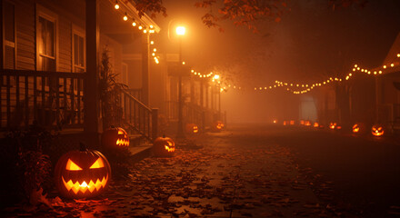 Spooky Halloween Night on Foggy Street with Jack-o'-lanterns