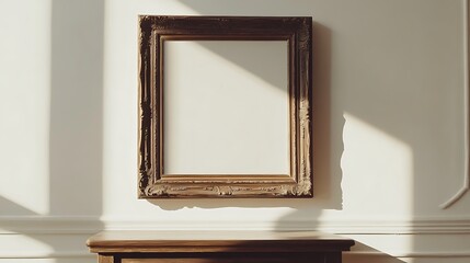 Ornate picture frame hanging on a white wall with sunlight and a wooden cabinet below it in a room