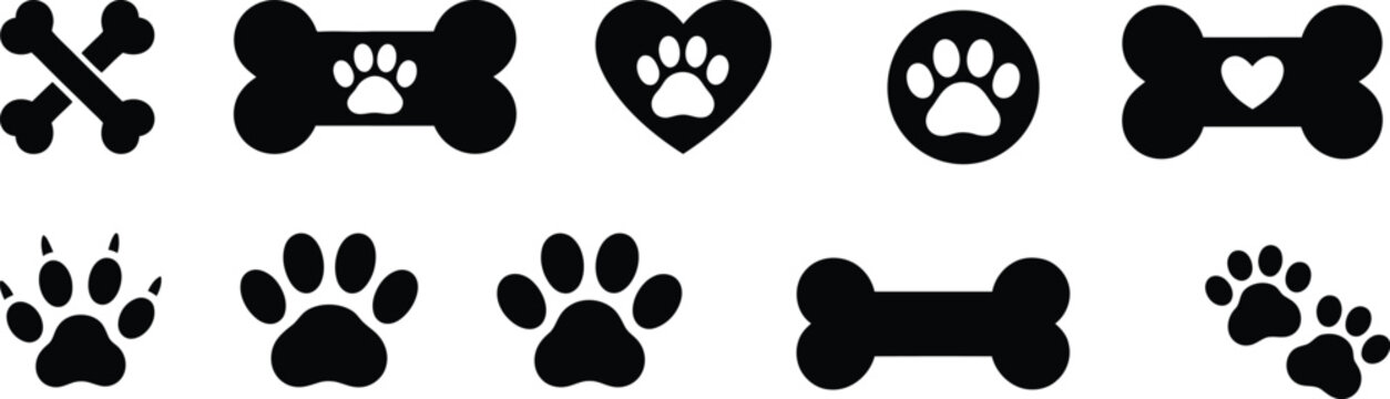 Silhouette vector icon set of paw and bone shapes with different playful and loving elements in bold black design