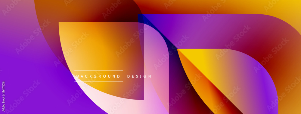 Poster Abstract colorful design. Gradient shapes overlap creating dynamic visual effect. Purple, orange, yellow hues dominate composition.
