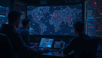 Three people monitoring a large screen displaying a world map with data points and code analysis