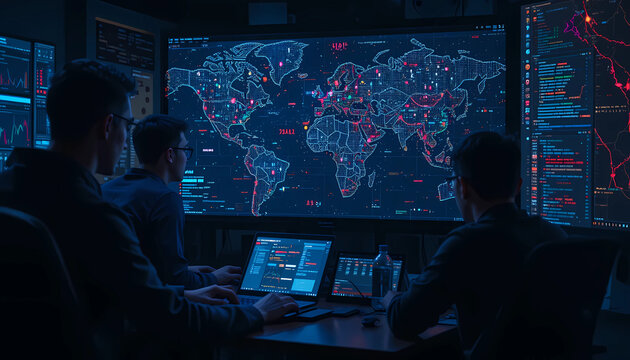 Three people monitoring a large screen displaying a world map with data points and code analysis