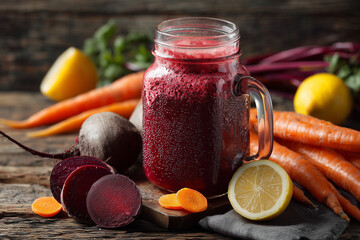 Detox beetroot and carrot drink in mason jar on a wooden table, surrounded by fresh beet slices, carrots, and lemon wedges, clean eating concept,