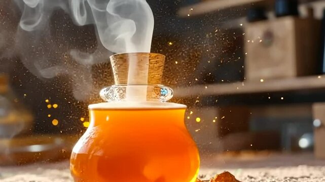 A close up shot featuring a potion bottle with orange liquid and a cork stopper releasing steam and sparks against a blurred background of shelves