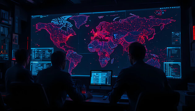 Three people in a dark room looking at a large screen displaying a world map with data points