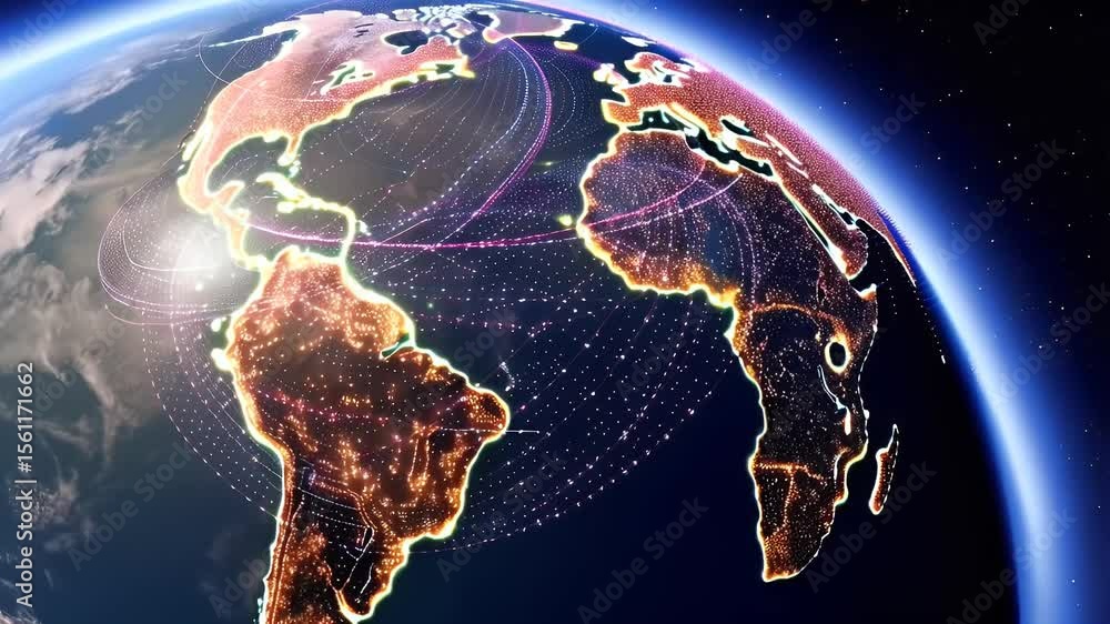 Poster global network map of illuminated cities and pathways.