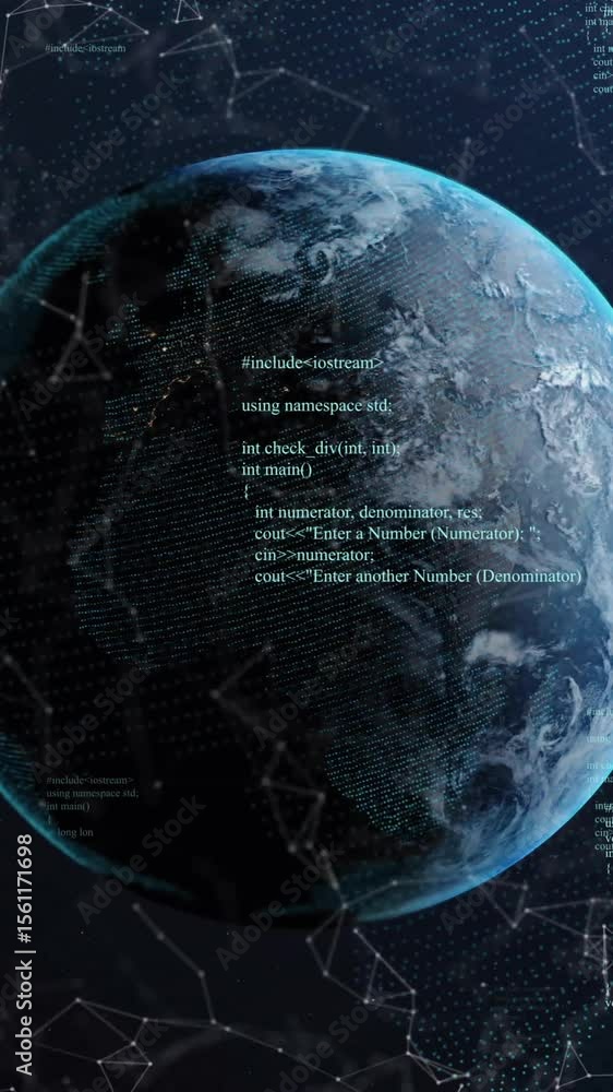 Poster animation of digital data processing over globe on dark background