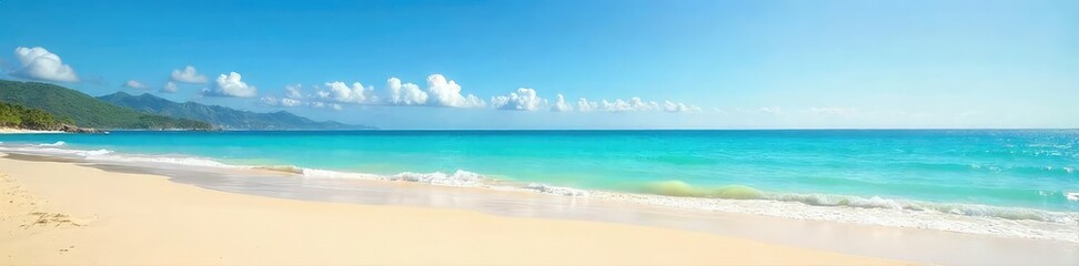 Endless expanse of golden sand meeting the tranquil turquoise ocean, a breathtaking horizontal vista of a pristine beach paradise , heat, turquoise