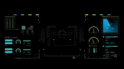 Animated build-up of a complex, futuristic user interface with multiple gauges, graphs, and data readouts. Sci-fi HUD for a spaceship or command center - Powered by Adobe