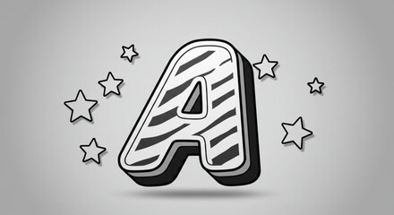 Monochrome 3D letter A with a bold zebra stripe pattern. Funky alpha character surrounded by stars, isolated graphic vector element.