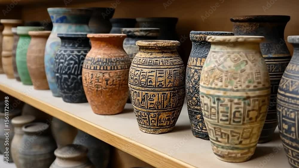 Poster collection of diverse antique pottery vases displayed on a wooden shelf showcasing intricate pattern