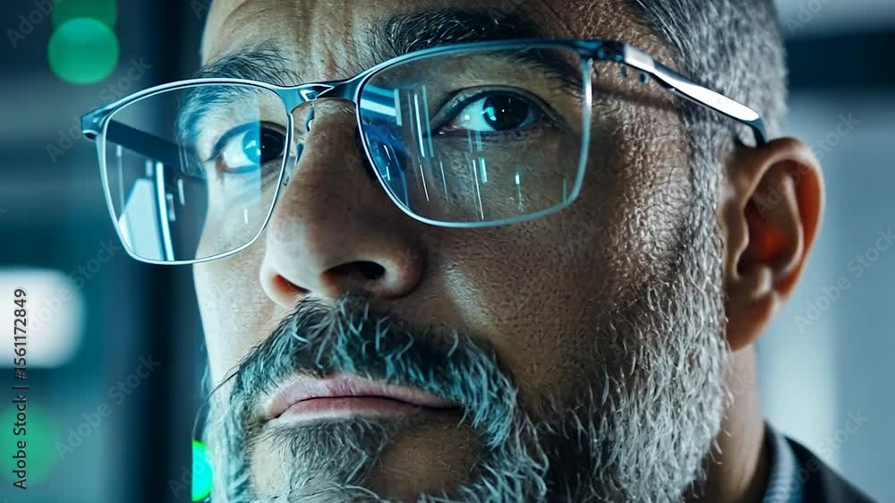 Poster close-up of a focused man with glasses in a data center. he is looking at a glowing computer screen,