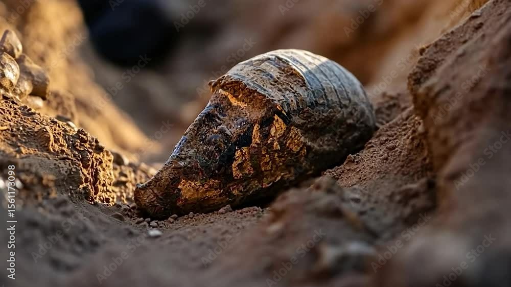 Poster close-up of a weathered object partially buried in sandy soil. golden sunlight highlights texture an