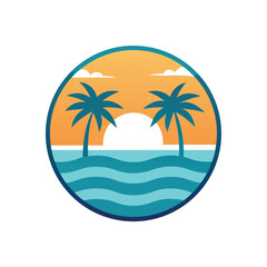 Tropical badge with palm trees ocean wave and sunset in summer beach design  