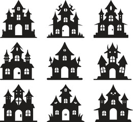 Fototapeta premium Set of Spooky Black Silhouette Haunted Houses