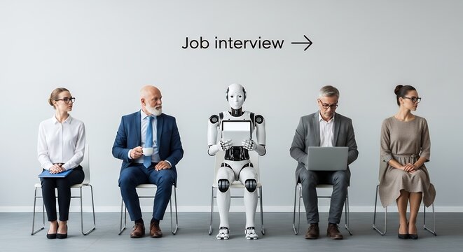 Businesspeople and humanoid robot waiting for a job interview