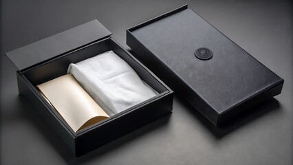 Elegant black gift box open revealing luxurious white fabric and cream paper