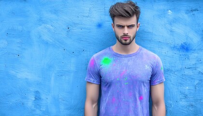 Obraz premium Man in vibrant shirt against a blue wall