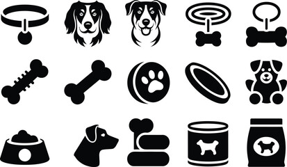 Silhouette vector illustration of collar, dog snack, leash, bowl and icons set for pet gear and supplies