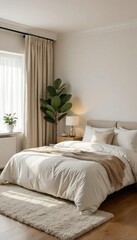 Fototapeta premium Serene bedroom interior featuring a minimalist aesthetic with calming neutral tones, plush textiles, and carefully curated decorative elements for a restful ambiance , minimal, peace, luxury