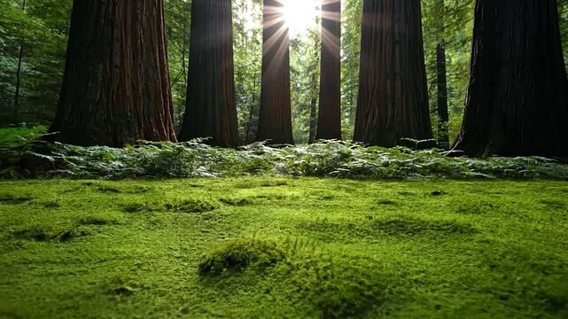 Lush green moss and vegetation in a sunlit forest with towering trees and natural light creating a serene environment
