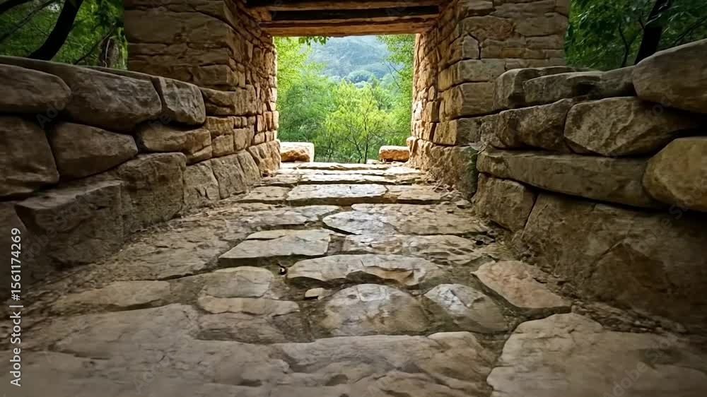 Poster stone pathway and wall with a rectangular opening to greenery. sunlight illuminates the textured sto