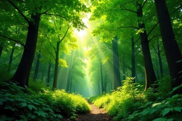 Fototapeta premium Lush green forest canopy, dappled sunlight filtering through leaves, vibrant foliage, tranquil nature scene Perfect for environmental, nature, and travel themes , ecology, calm, plants