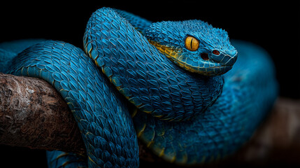 Close-Up of Blue Viper Snake on Tree Branch