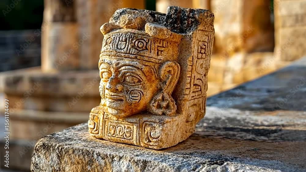 Poster ancient carved stone artifact depicting a human face on weathered stone structure with architectural