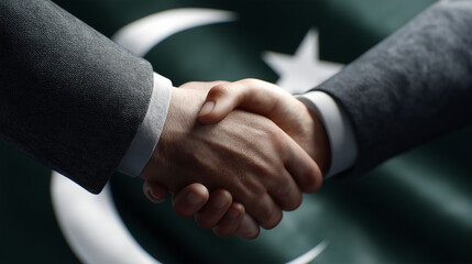 Handshake in Accordance with Nation: A powerful depiction of unity, a firm handshake taking place against the backdrop of a nation flag. This photorealistic image speaks of trust, cooperation.