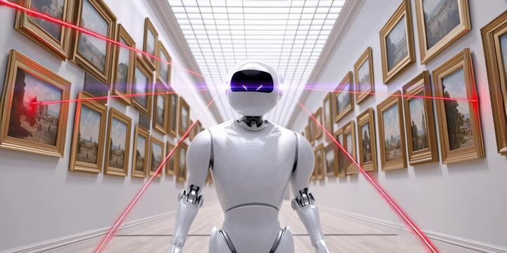 AI robot walking through an art gallery stealing the paintings from the wall by scanning them all with lasers - data training, crawling, and scraping, 