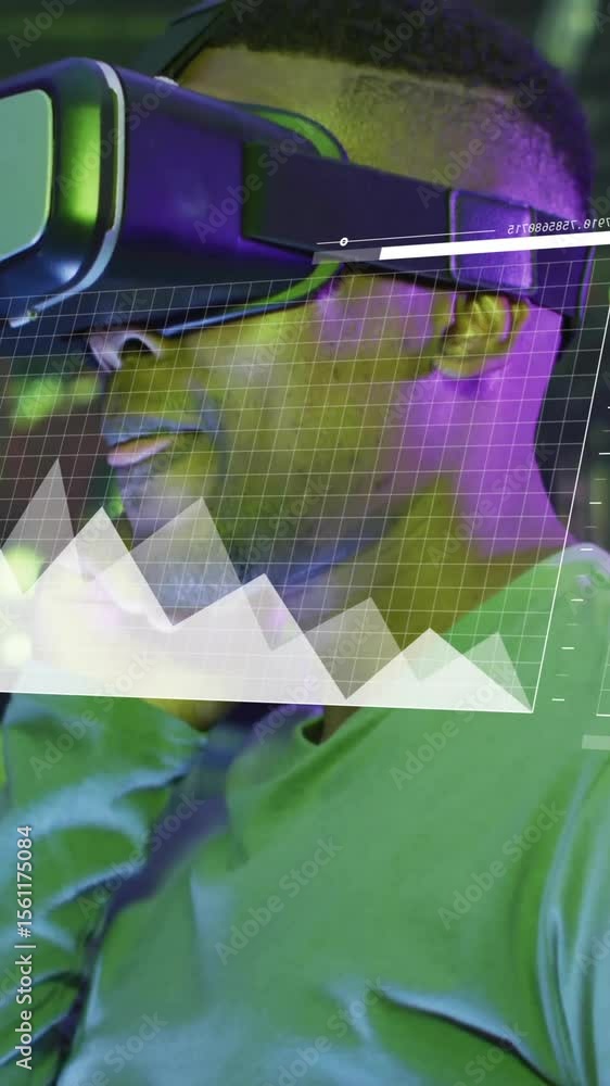 Poster animation of digital data processing over afrcian american iman with vr headset by computer servers